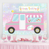 Toile de fond de joyeux anniversaire de camion de crème glacée mignon et rose